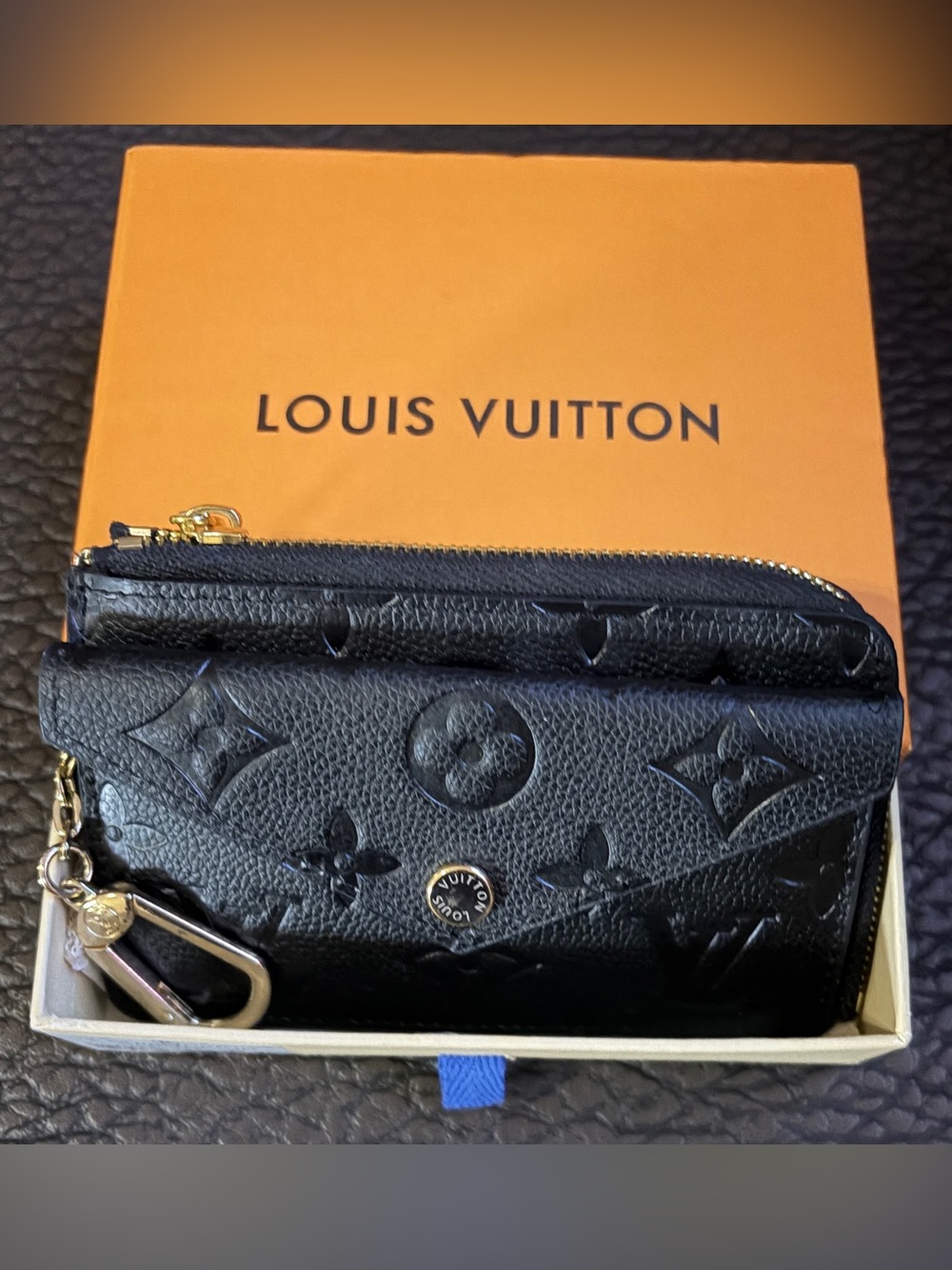 Louis Vuitton Black Embossed Monogram Leather Card Wallet with Gold Snap